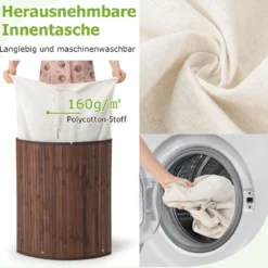 Wäschekorb mit Deckel Bambuskorb mit 58 L Fassungsvermögen 38 x 38 x 60 cm Kaffee