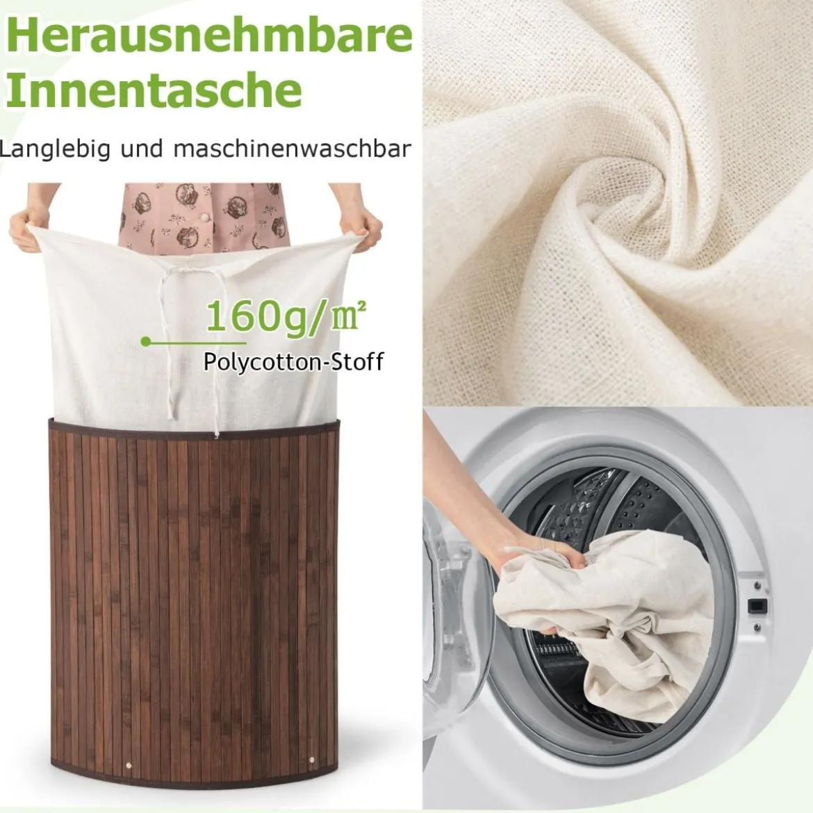 Wäschekorb mit Deckel Bambuskorb mit 58 L Fassungsvermögen 38 x 38 x 60 cm Kaffee