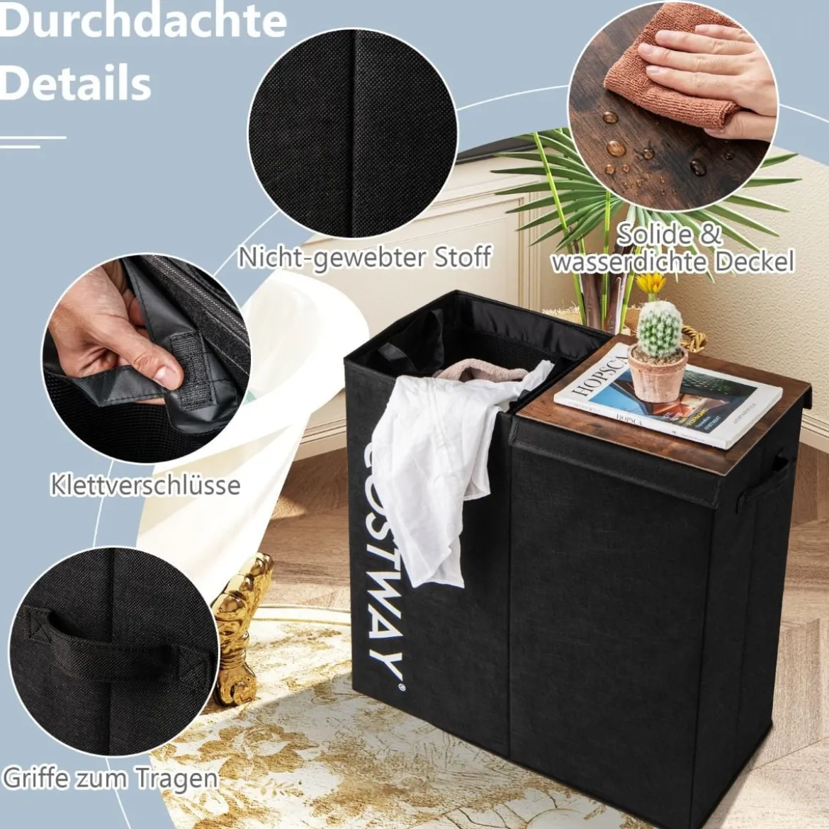 Wäschekorb mit Deckel 105 L Wäschebehälter mit 2 herausnehmbaren Wäschesäcken Schwarz