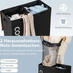 Wäschekorb mit Deckel 105 L Wäschebehälter mit 2 herausnehmbaren Wäschesäcken Schwarz