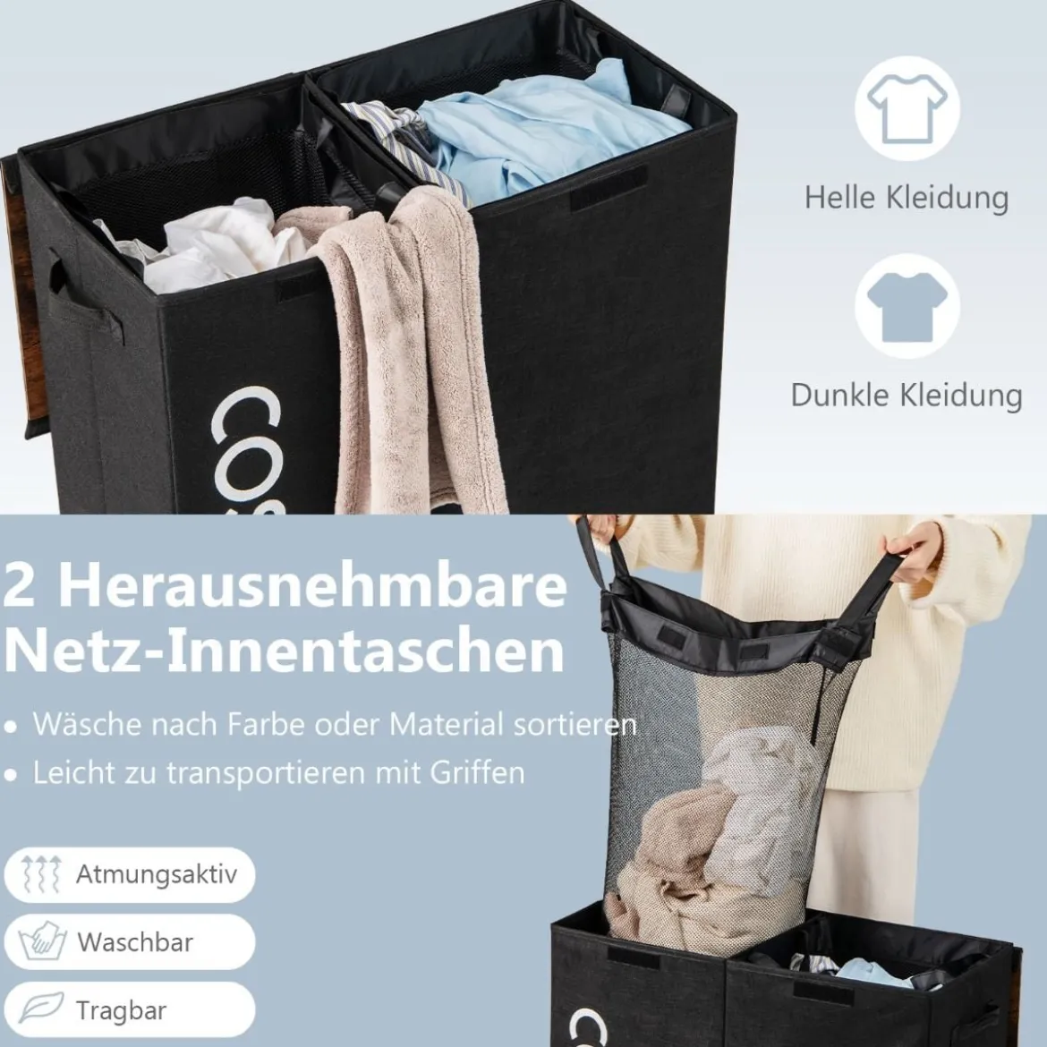 Wäschekorb mit Deckel 105 L Wäschebehälter mit 2 herausnehmbaren Wäschesäcken Schwarz