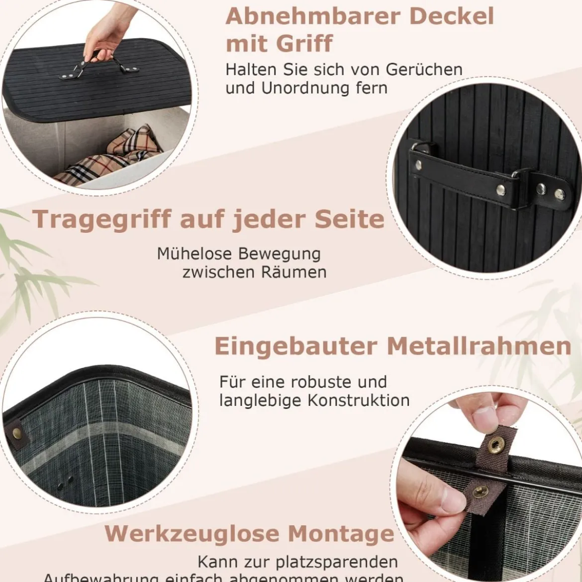 Wäschekorb mit Deckel 72L Wäschesammler aus Bambus mit Griffen Schwarz