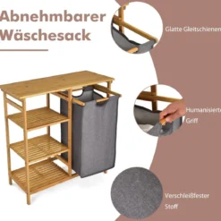 Wäschekorb mit Fächer Wäschesammler mit Ablage Wäschesortierer mit offenen Regalen 80 x 34 x 81cm Natürlich