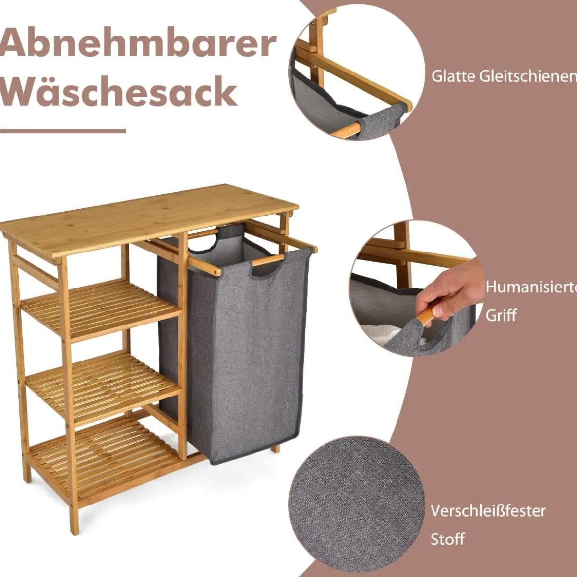 Wäschekorb mit Fächer Wäschesammler mit Ablage Wäschesortierer mit offenen Regalen 80 x 34 x 81cm Natürlich
