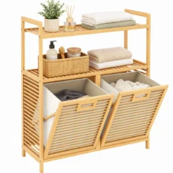 Wäschekorb mit 27 L Wäschesammler Erhöhten Kanten & 2 Fächer aus Bambus 80 x 30 x 92 cm Natur