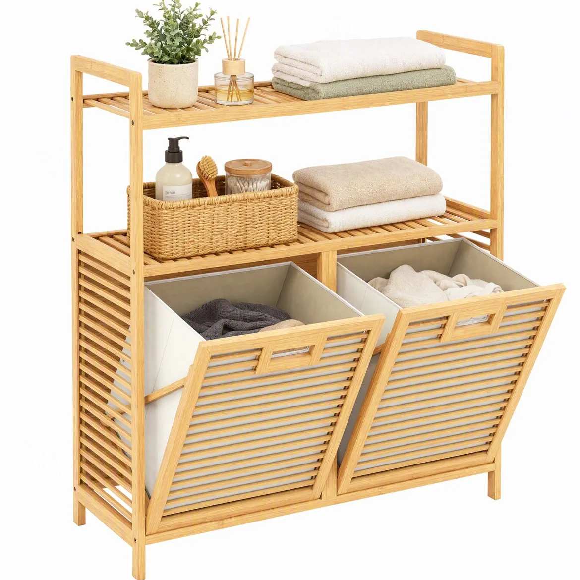 Wäschekorb mit 27 L Wäschesammler Erhöhten Kanten & 2 Fächer aus Bambus 80 x 30 x 92 cm Natur