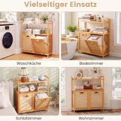 Wäschekorb mit 27 L Wäschesammler Erhöhten Kanten & 2 Fächer aus Bambus 80 x 30 x 92 cm Natur