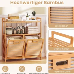 Wäschekorb mit 27 L Wäschesammler Erhöhten Kanten & 2 Fächer aus Bambus 80 x 30 x 92 cm Natur