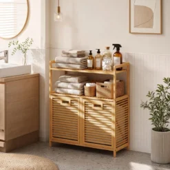 Wäschekorb mit 27 L Wäschesammler Erhöhten Kanten & 2 Fächer aus Bambus 80 x 30 x 92 cm Natur