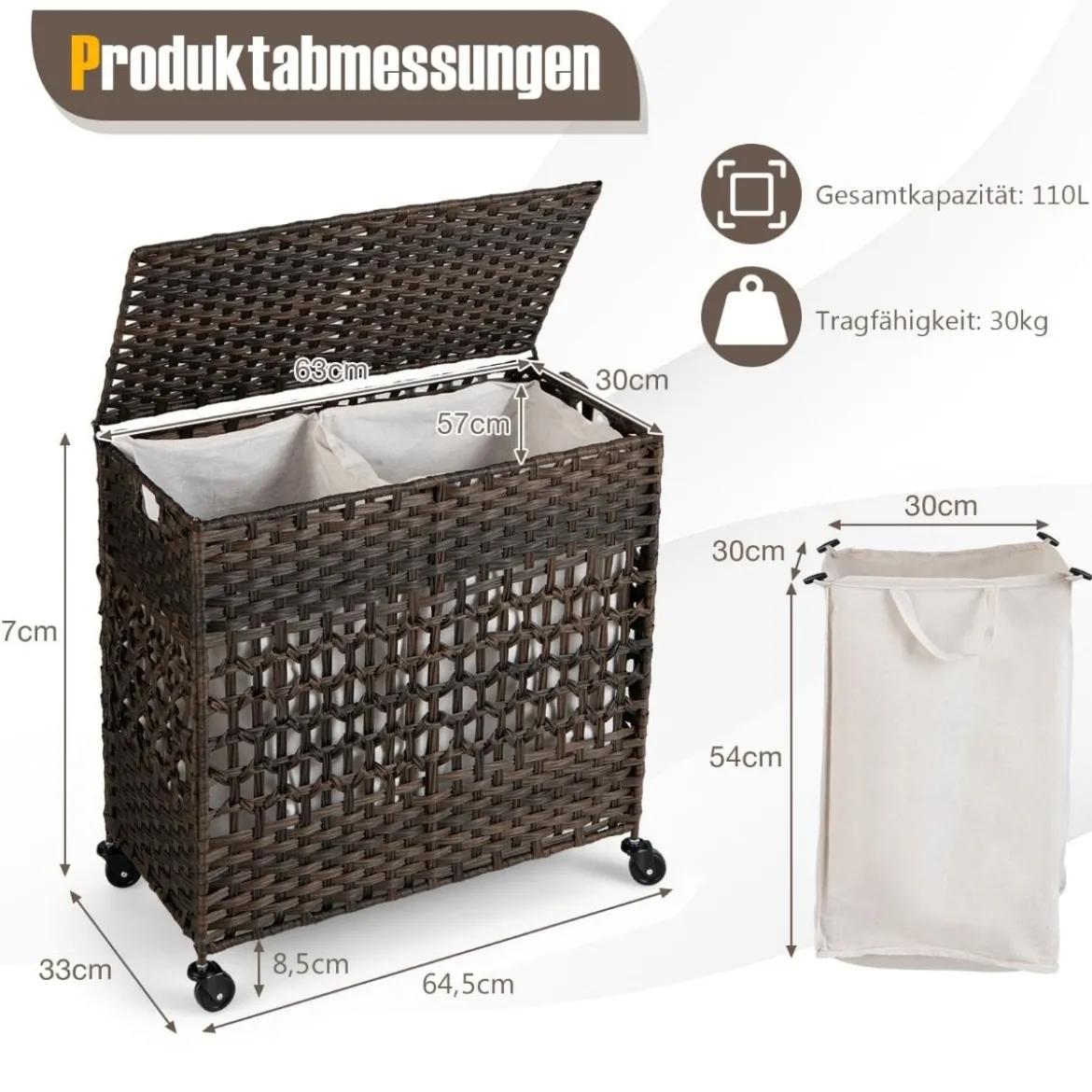 Wäschekorb Wäschesammler mit Deckel 2 Fächern & 110L Kapazität 64,5 x 33 x 67 cm Braun