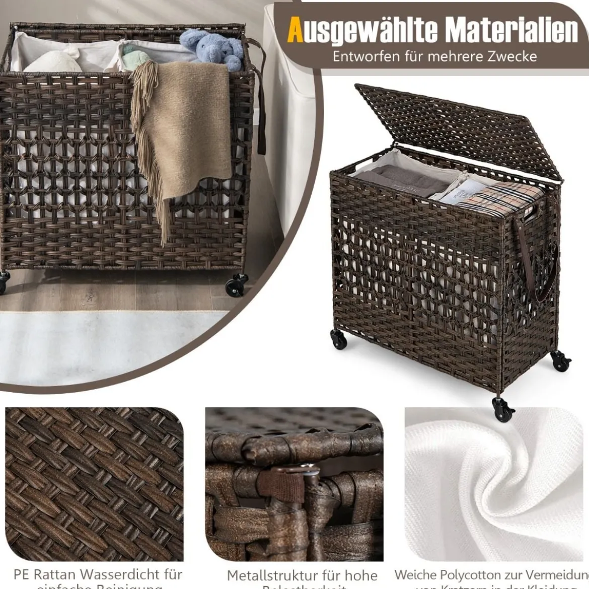 Wäschekorb Wäschesammler mit Deckel 2 Fächern & 110L Kapazität 64,5 x 33 x 67 cm Braun