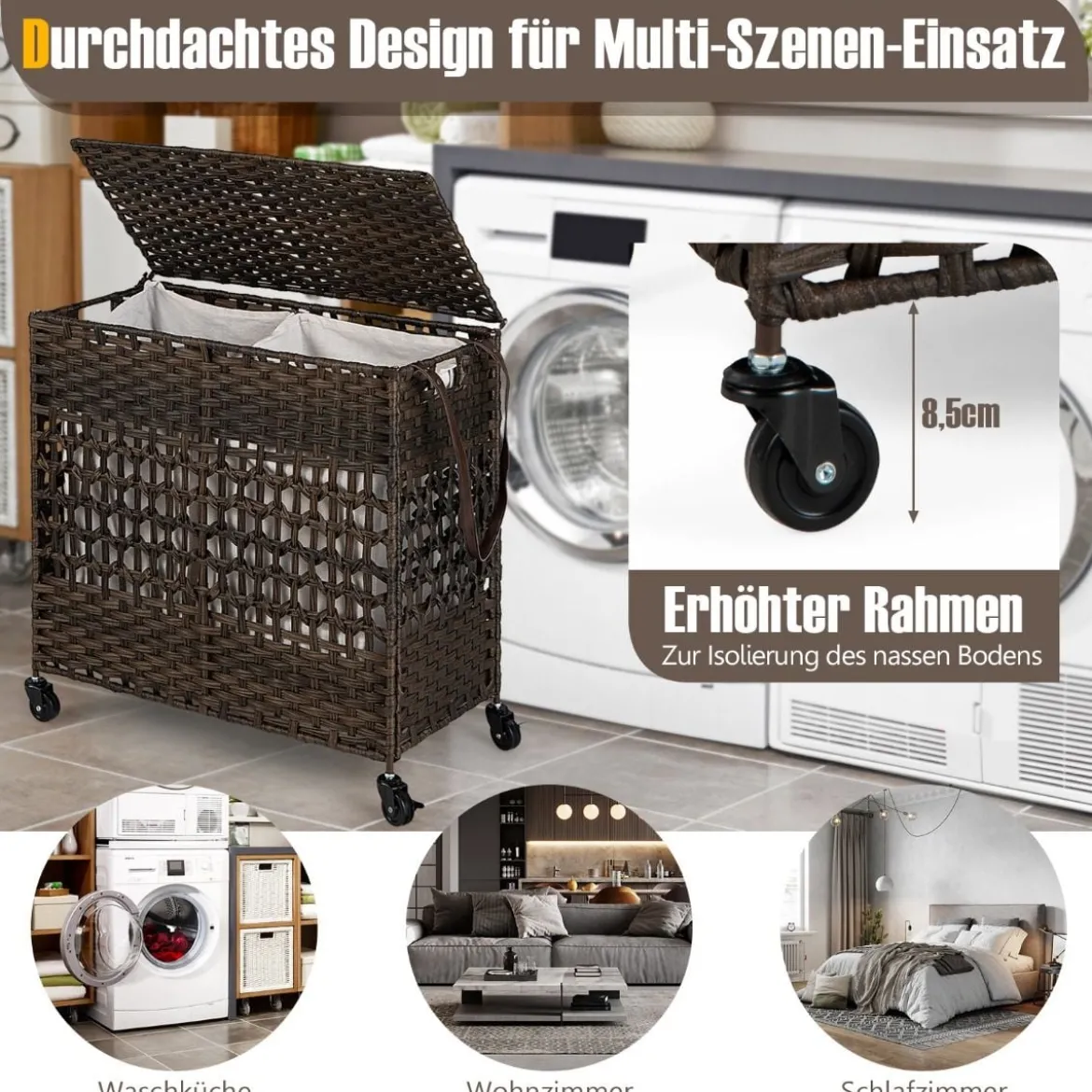Wäschekorb Wäschesammler mit Deckel 2 Fächern & 110L Kapazität 64,5 x 33 x 67 cm Braun