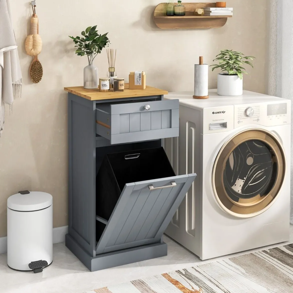 Wäscheschrank mit Wäschekorb & Schublade & Bambus Tischplatte Wäschesammler Badschrank