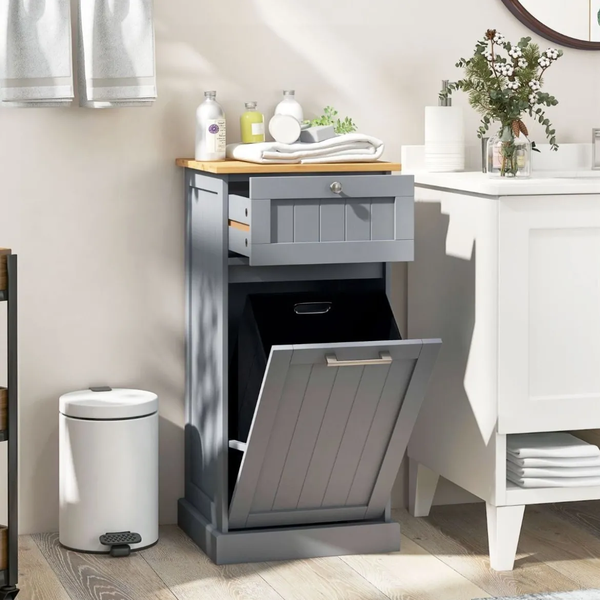 Wäscheschrank mit Wäschekorb & Schublade & Bambus Tischplatte Wäschesammler Badschrank