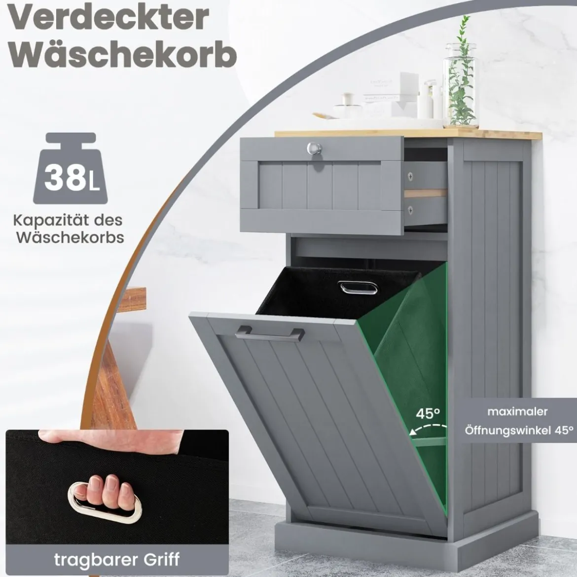 Wäscheschrank mit Wäschekorb & Schublade & Bambus Tischplatte Wäschesammler Badschrank