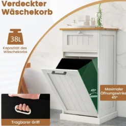 Wäscheschrank mit Wäschekorb & Schublade & Bambus Tischplatte Wäschesammler Badschrank