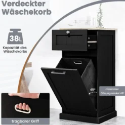 Wäscheschrank mit Wäschekorb & Schublade & Bambus Tischplatte Wäschesammler Badschrank