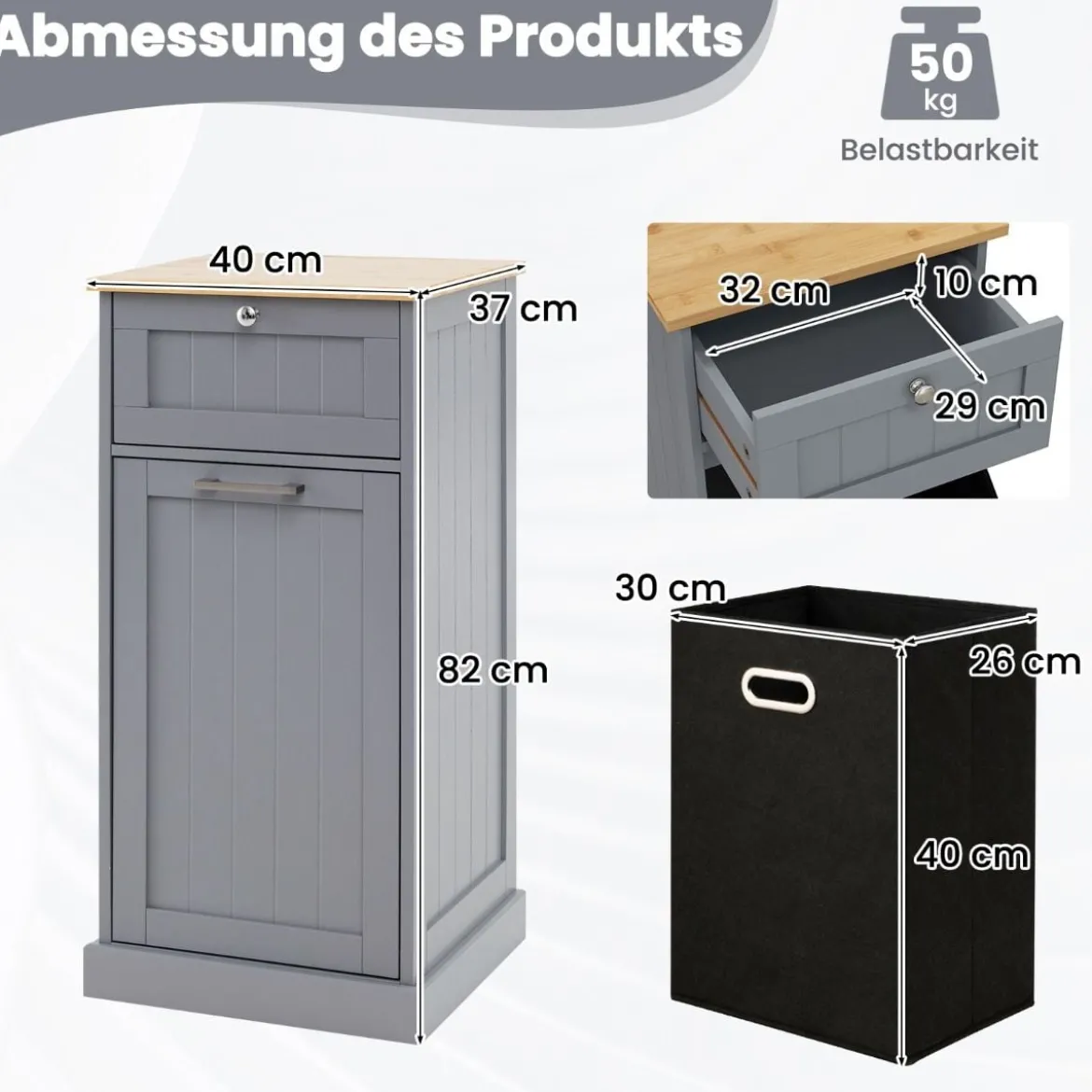 Wäscheschrank mit Wäschekorb & Schublade & Bambus Tischplatte Wäschesammler Badschrank