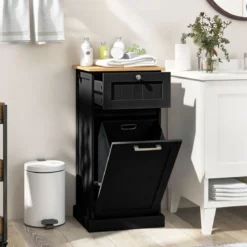 Wäscheschrank mit Wäschekorb & Schublade & Bambus Tischplatte Wäschesammler Badschrank