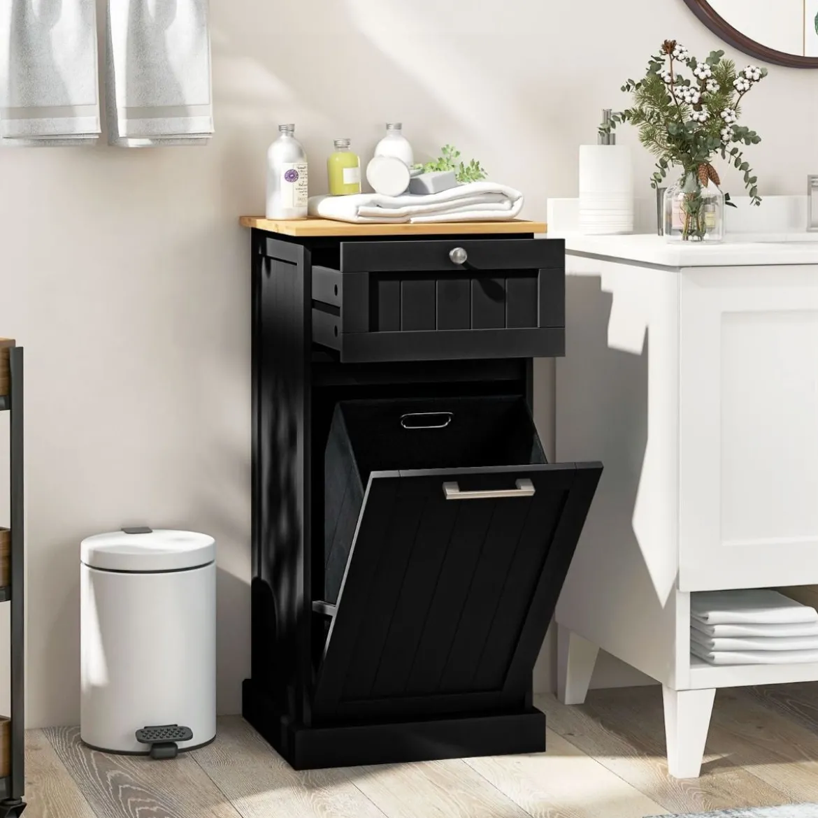 Wäscheschrank mit Wäschekorb & Schublade & Bambus Tischplatte Wäschesammler Badschrank
