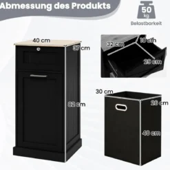 Wäscheschrank mit Wäschekorb & Schublade & Bambus Tischplatte Wäschesammler Badschrank
