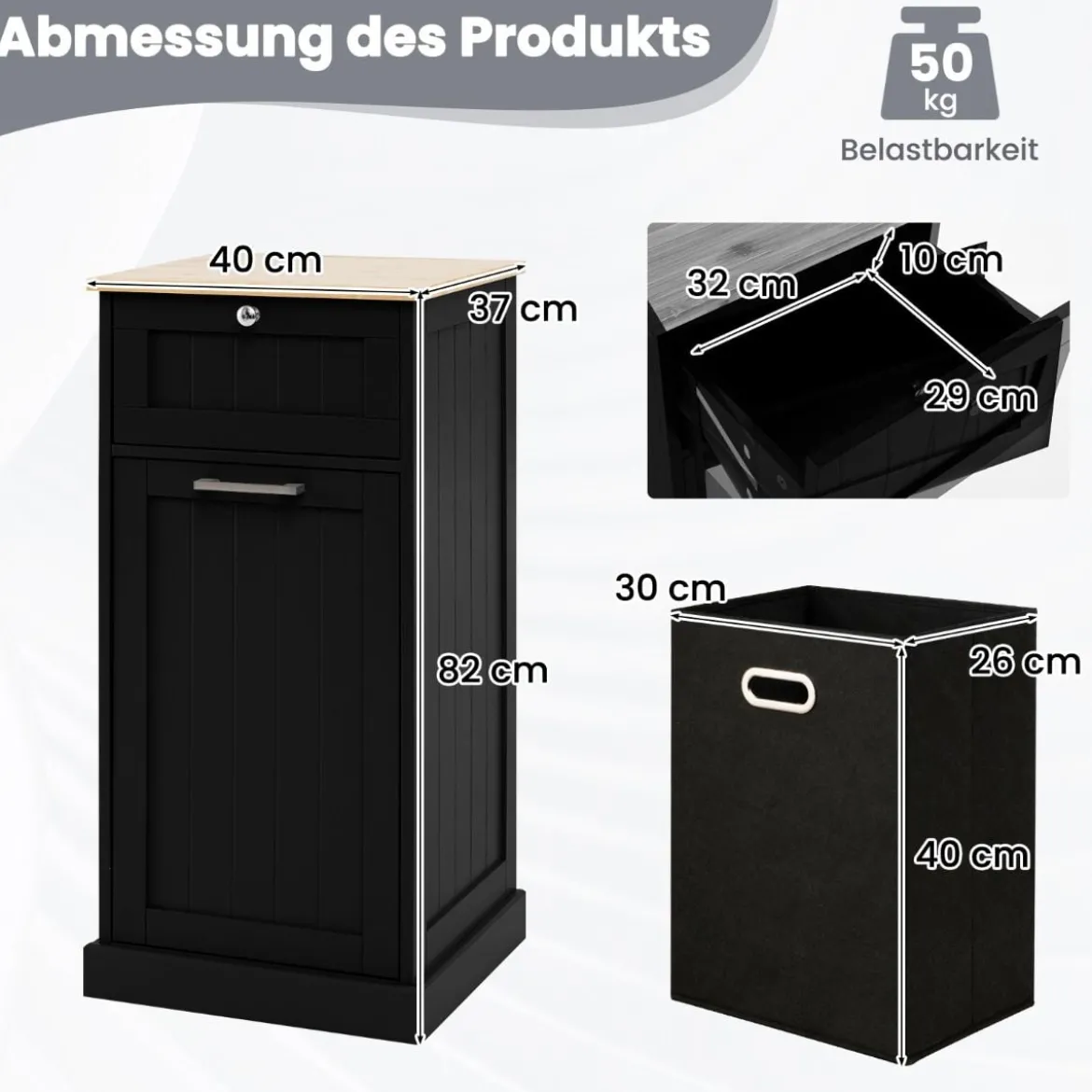 Wäscheschrank mit Wäschekorb & Schublade & Bambus Tischplatte Wäschesammler Badschrank