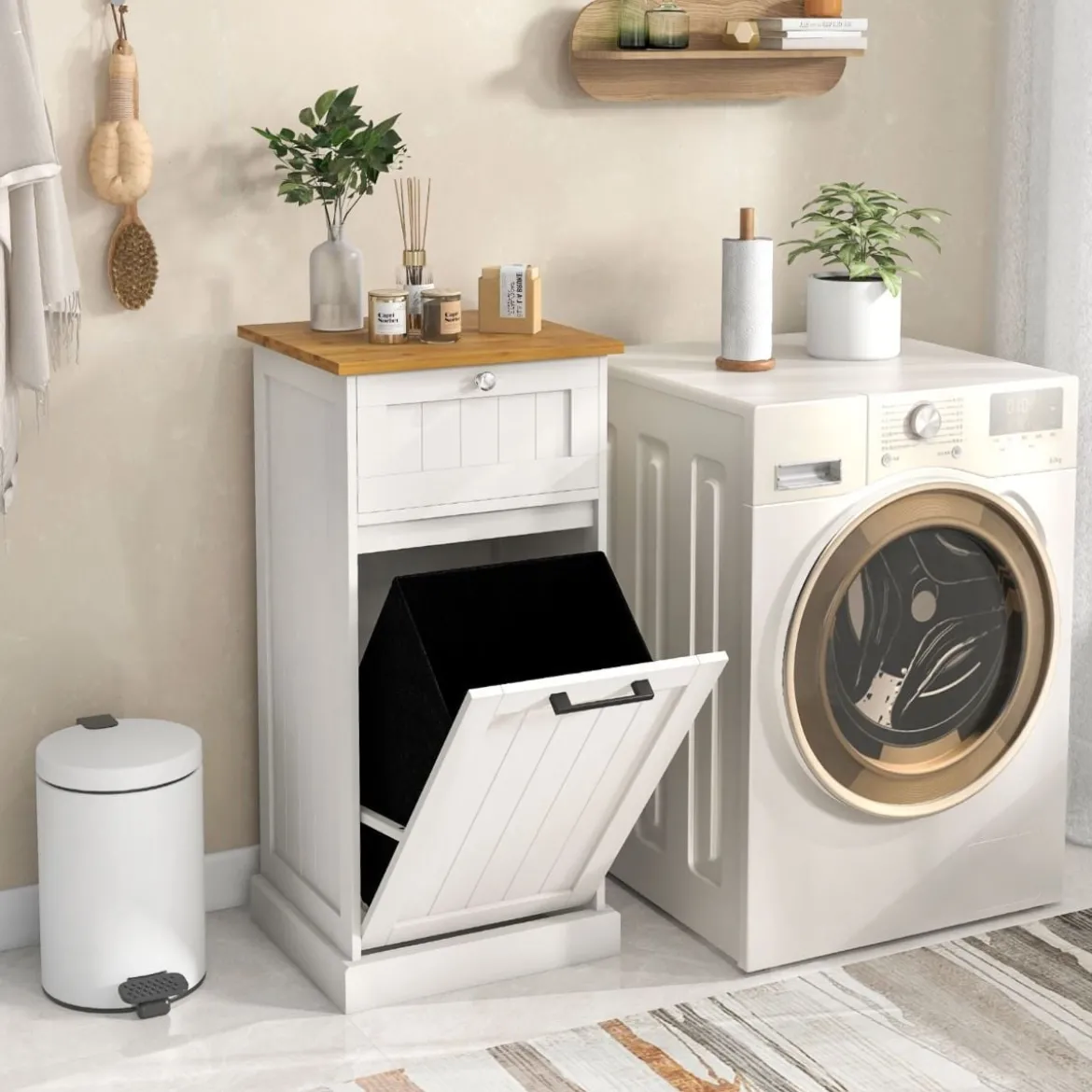 Wäscheschrank mit Wäschekorb & Schublade & Bambus Tischplatte Wäschesammler Badschrank