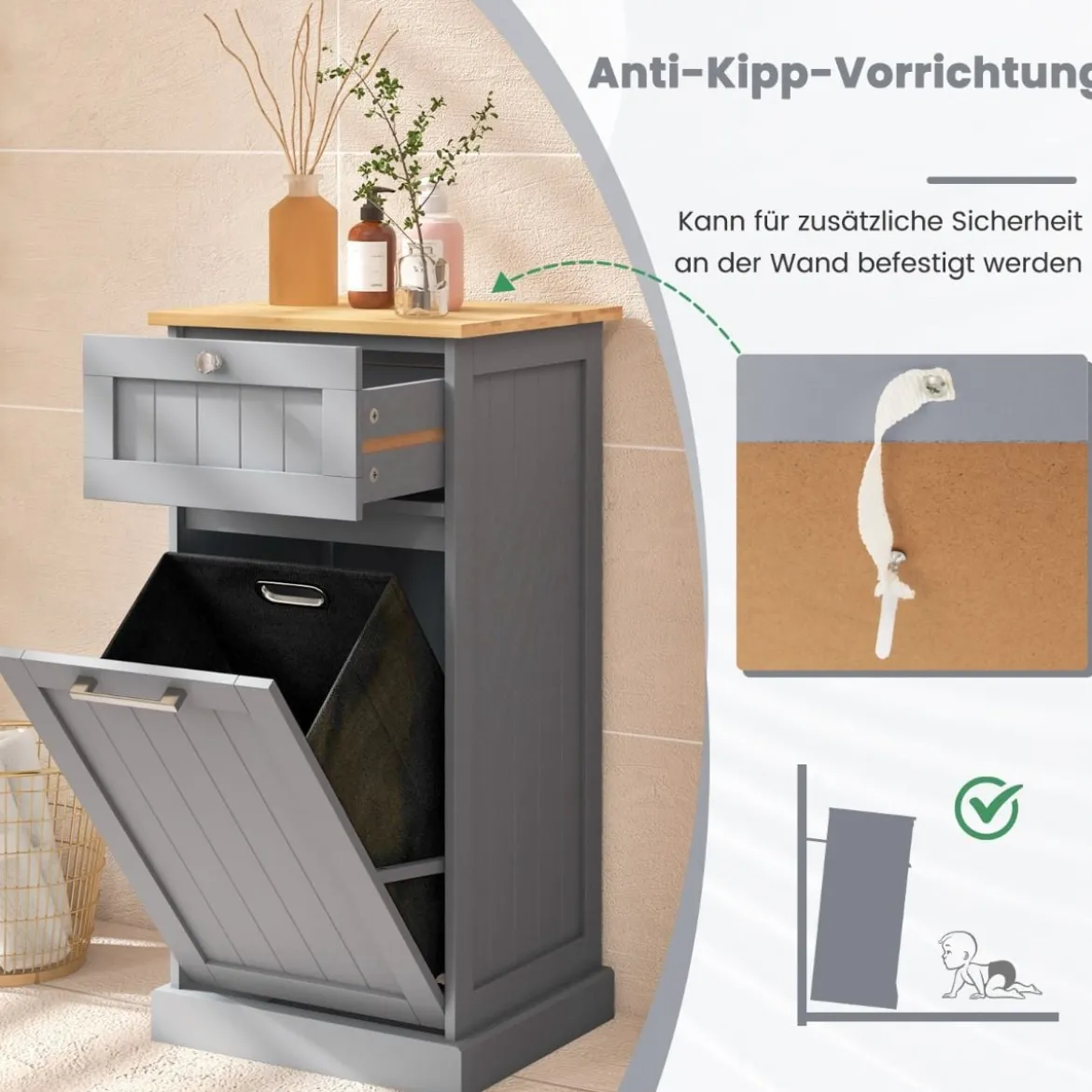 Wäscheschrank mit Wäschekorb & Schublade & Bambus Tischplatte Wäschesammler Badschrank
