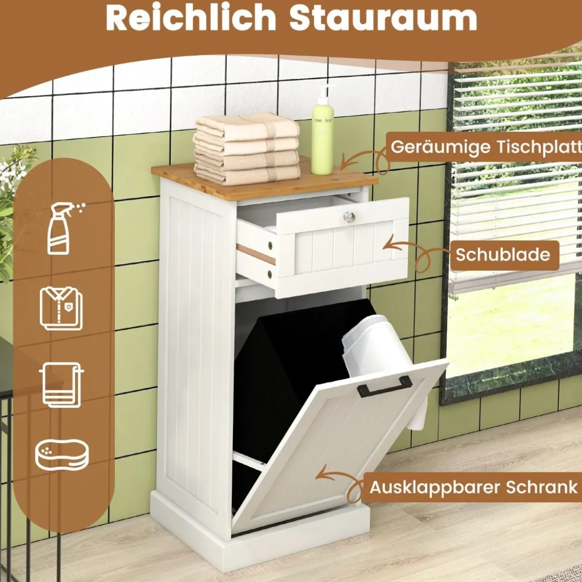Wäscheschrank mit Wäschekorb & Schublade & Bambus Tischplatte Wäschesammler Badschrank