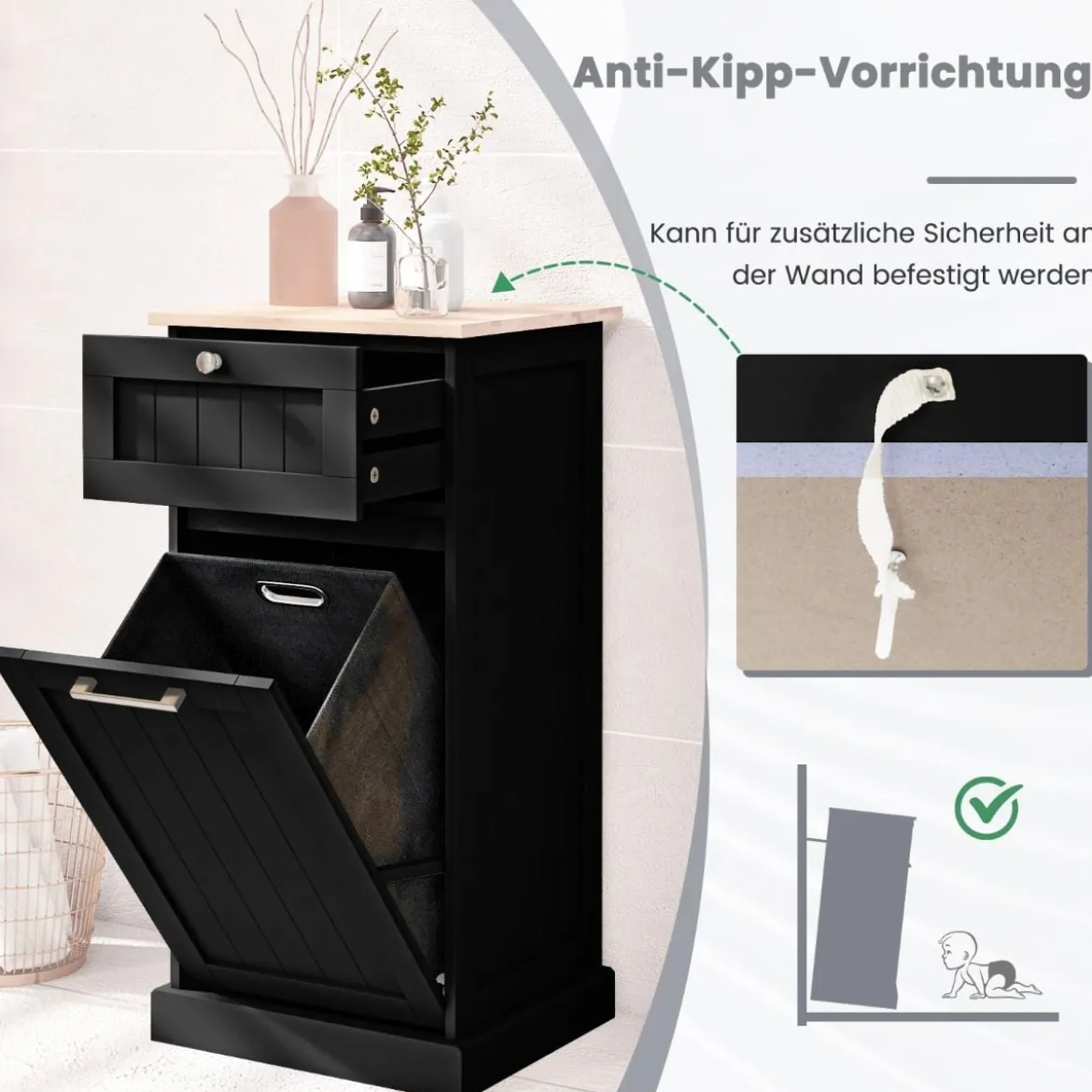 Wäscheschrank mit Wäschekorb & Schublade & Bambus Tischplatte Wäschesammler Badschrank