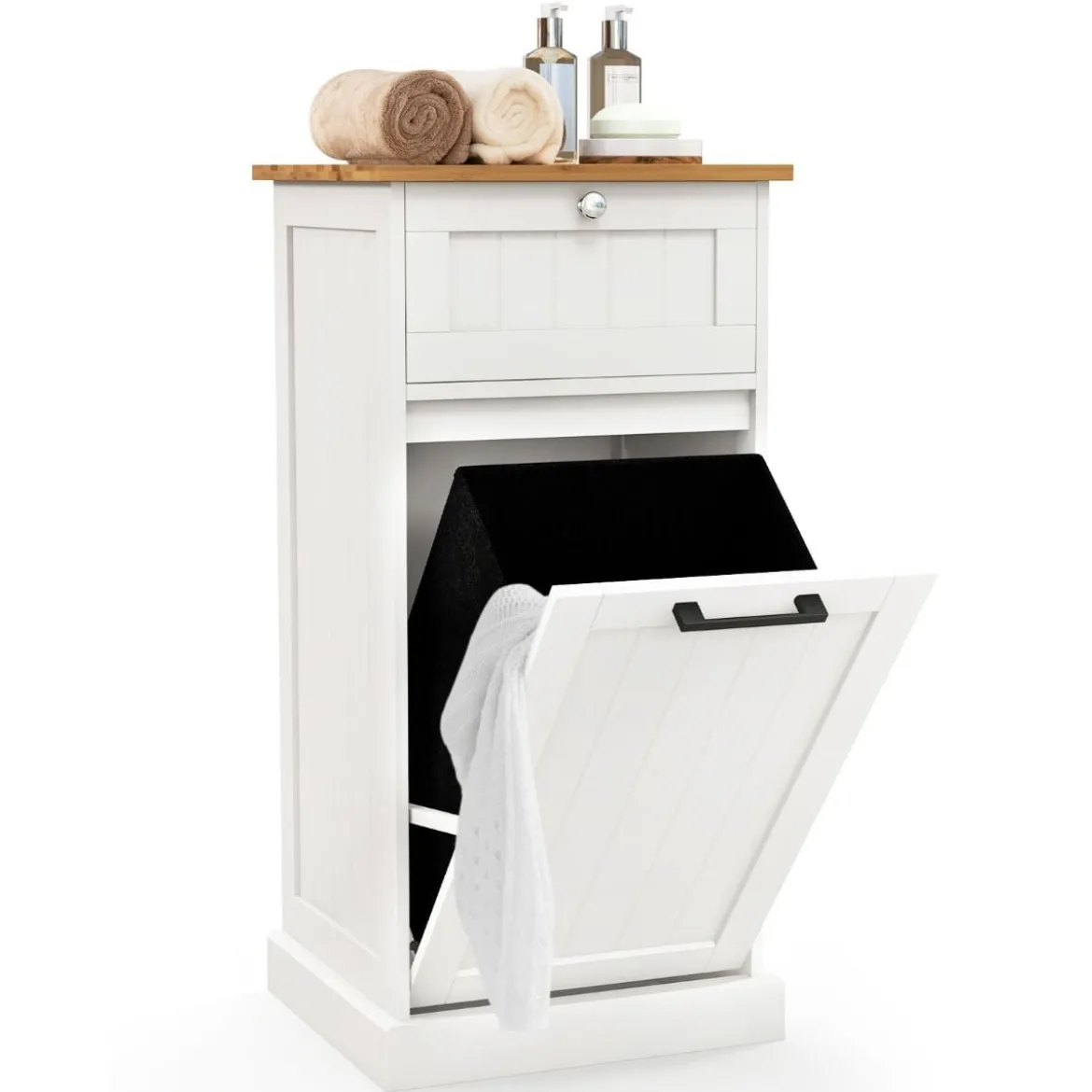 Wäscheschrank mit Wäschekorb & Schublade & Bambus Tischplatte Wäschesammler Badschrank