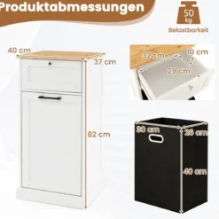 Wäscheschrank mit Wäschekorb & Schublade & Bambus Tischplatte Wäschesammler Badschrank
