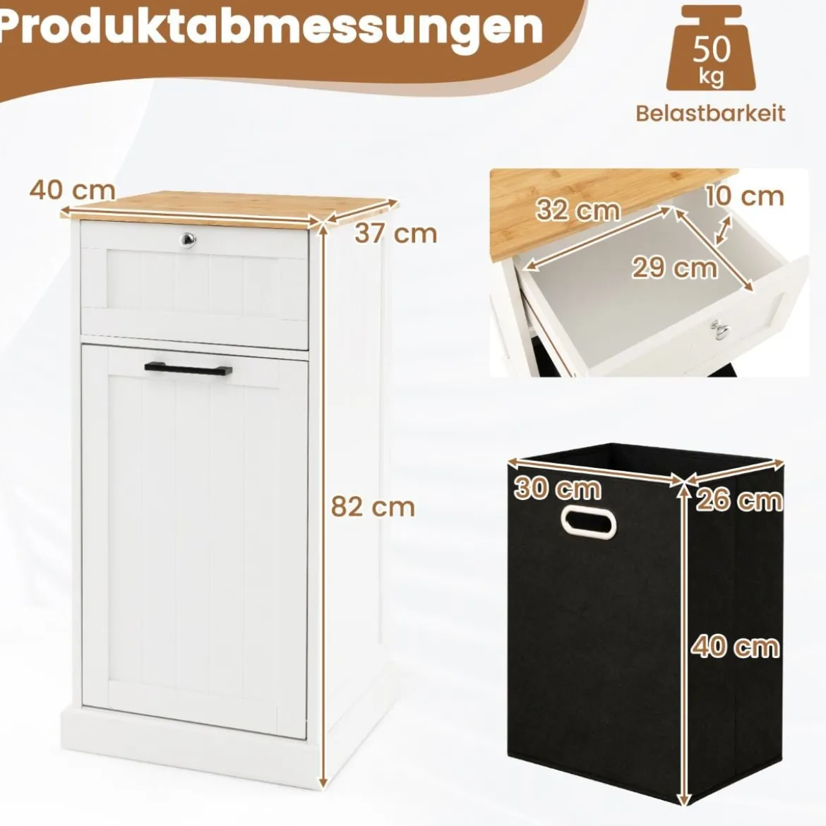 Wäscheschrank mit Wäschekorb & Schublade & Bambus Tischplatte Wäschesammler Badschrank