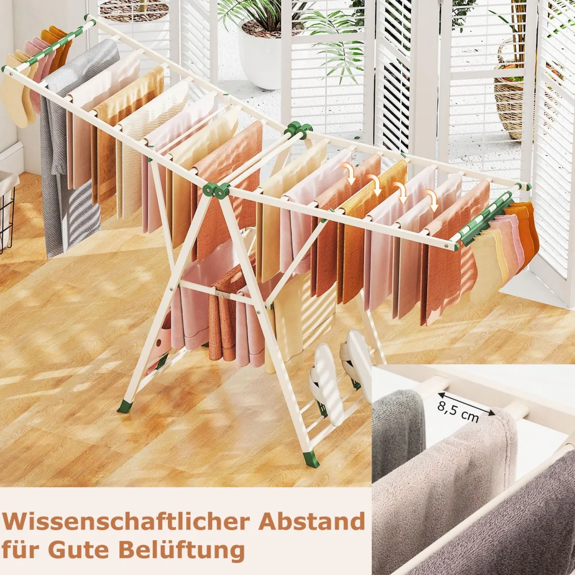 Wäscheständer klappbar mit verstellbaren Flügeln Sockenklammern & Schuhablage Wäschetrockner Beige 184 cm
