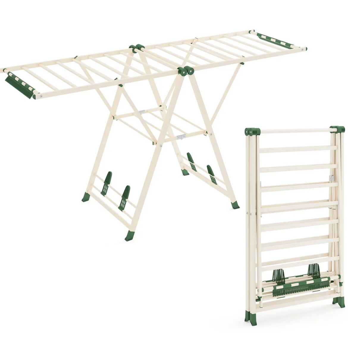 Wäscheständer klappbar mit verstellbaren Flügeln Sockenklammern & Schuhablage Wäschetrockner Beige 184 cm