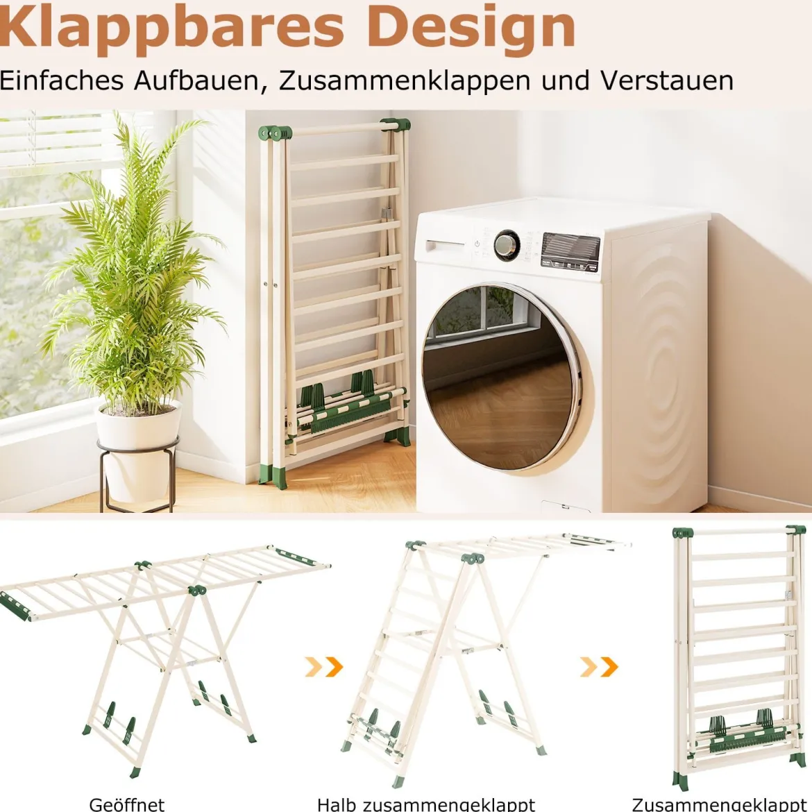 Wäscheständer klappbar mit verstellbaren Flügeln Sockenklammern & Schuhablage Wäschetrockner Beige 184 cm