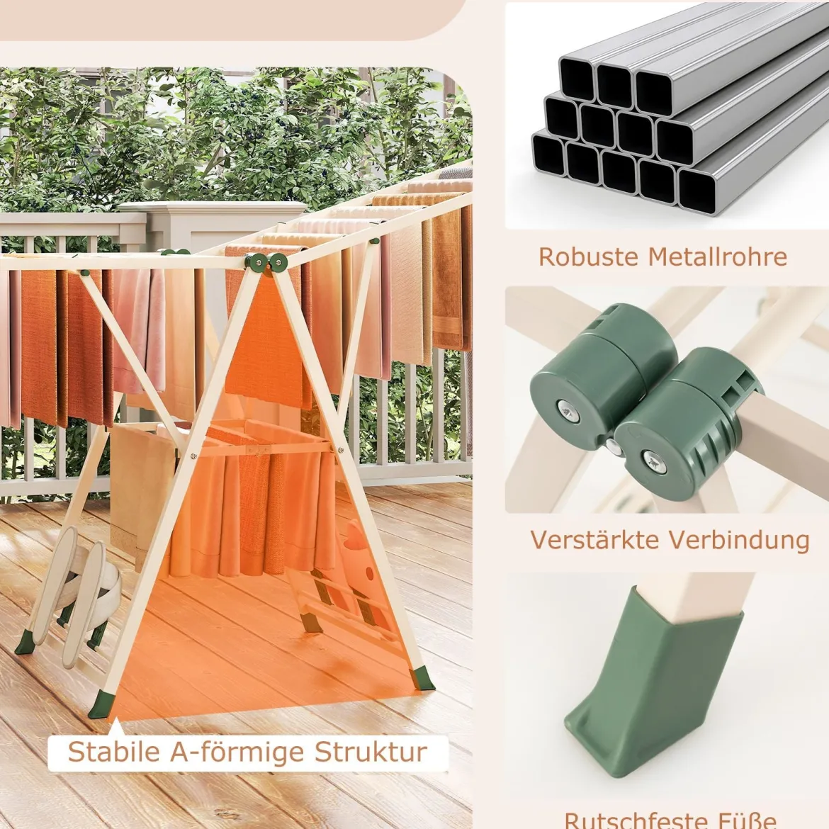 Wäscheständer klappbar mit verstellbaren Flügeln Sockenklammern & Schuhablage Wäschetrockner Beige 184 cm