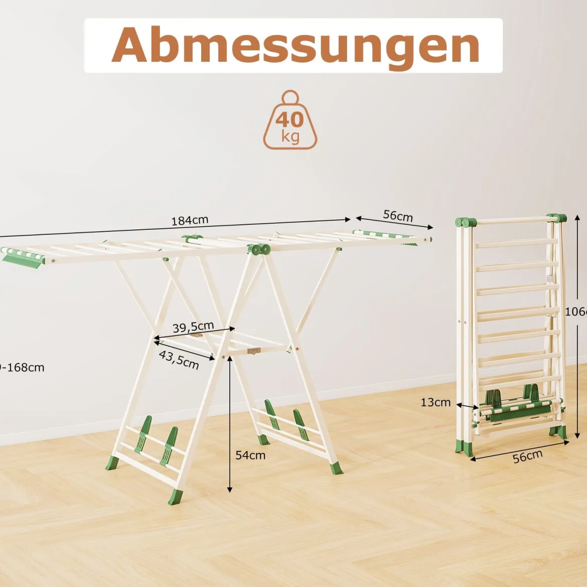 Wäscheständer klappbar mit verstellbaren Flügeln Sockenklammern & Schuhablage Wäschetrockner Beige 184 cm
