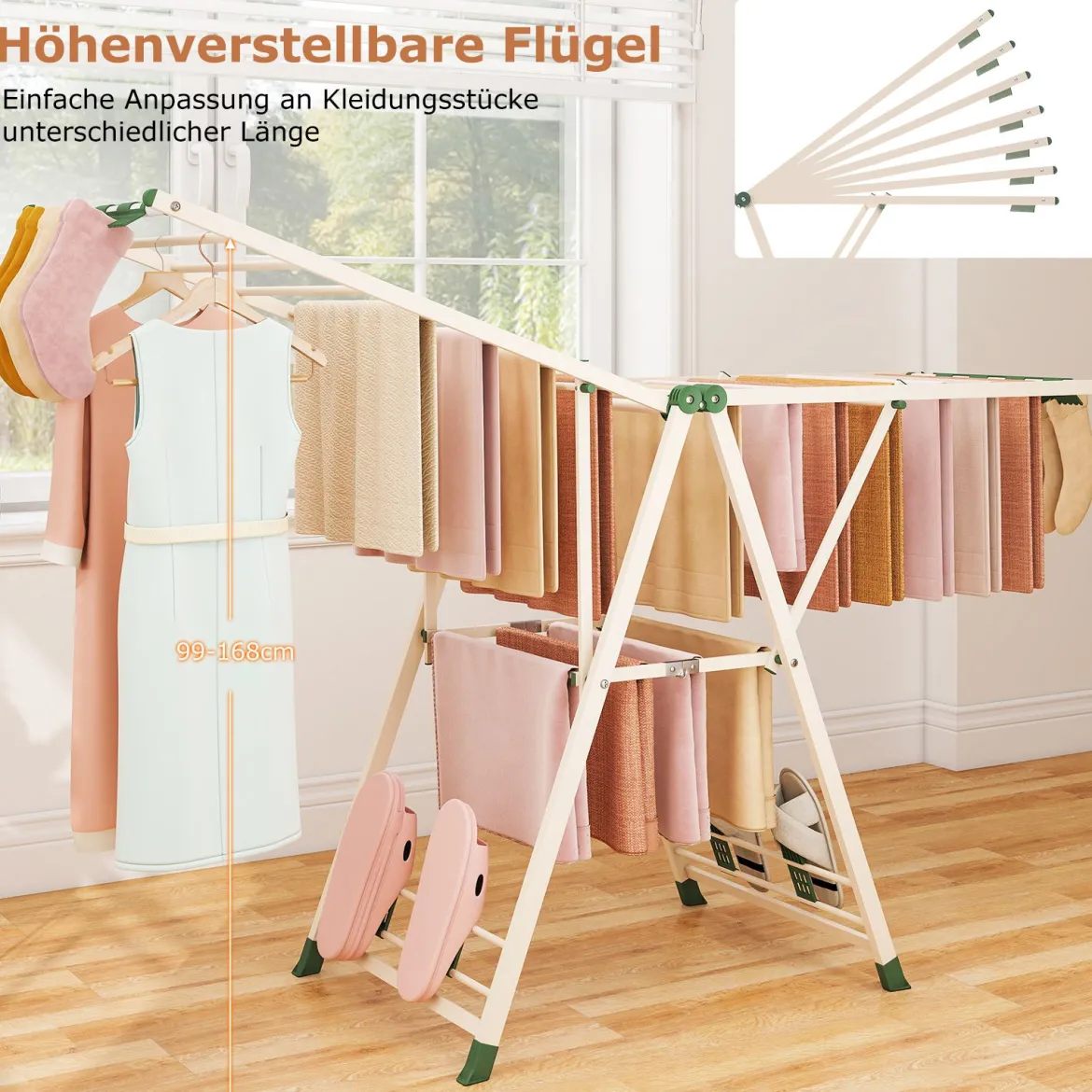 Wäscheständer klappbar mit verstellbaren Flügeln Sockenklammern & Schuhablage Wäschetrockner Beige 184 cm