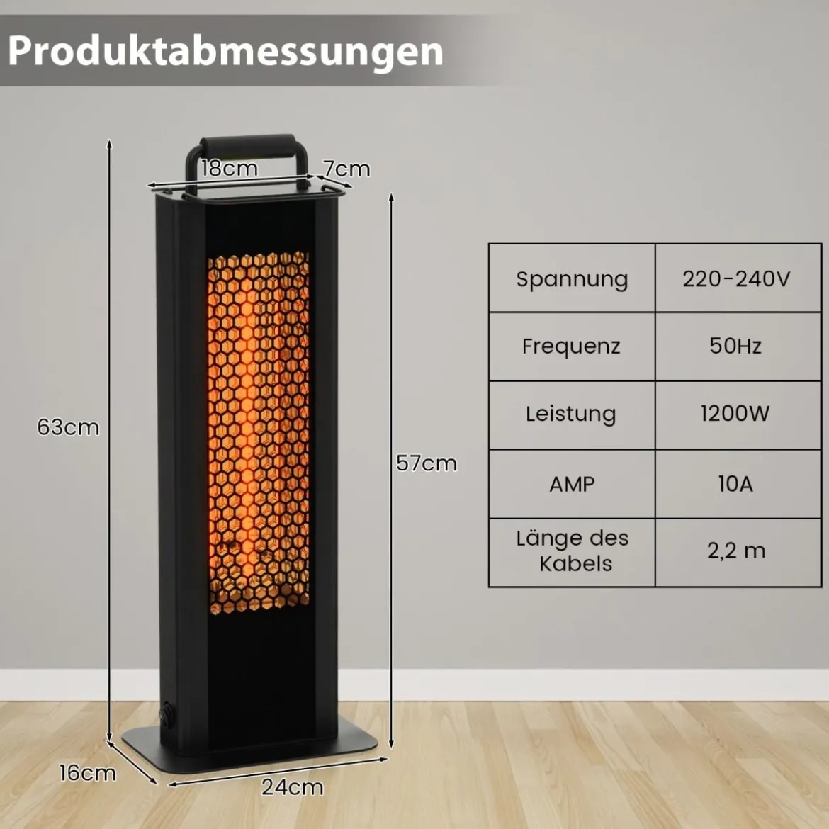 1200W Standheizstrahler mit Kipp- & Überhitzungsschutz Elektroheizer aus Alu Terrassenheizer wasserdicht