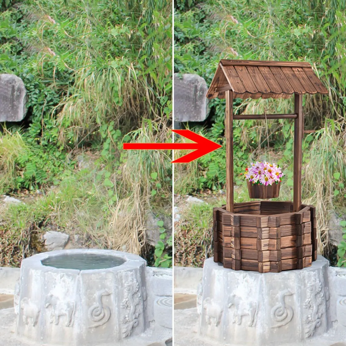 Wunschbrunnen für Draußen Holzbrunnen Eimer Blumenkübel Blumentopf mit Dach