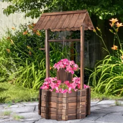 Wunschbrunnen für Draußen Holzbrunnen Eimer Blumenkübel Blumentopf mit Dach