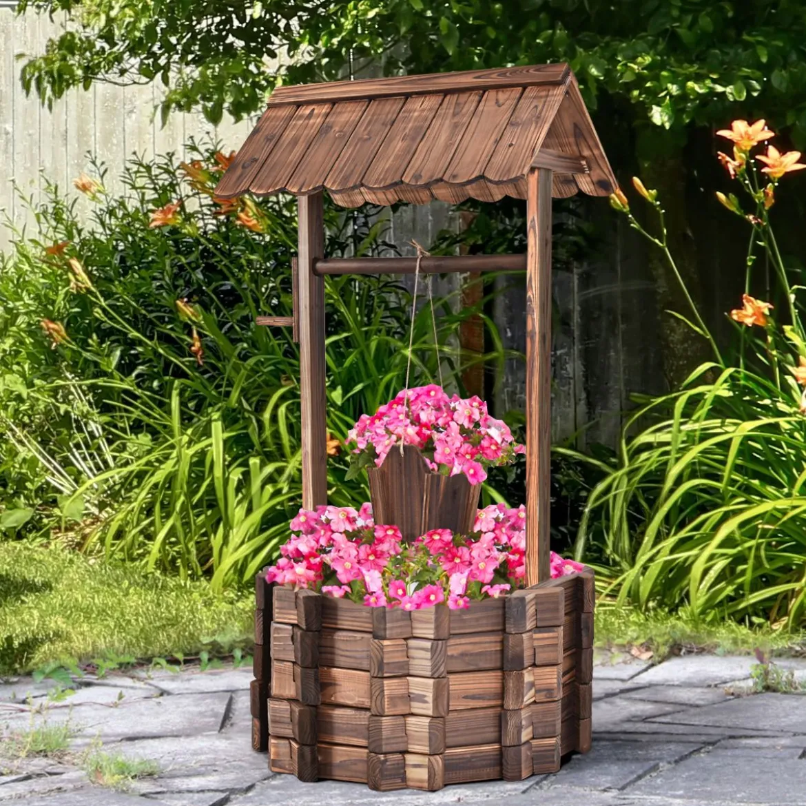Wunschbrunnen für Draußen Holzbrunnen Eimer Blumenkübel Blumentopf mit Dach