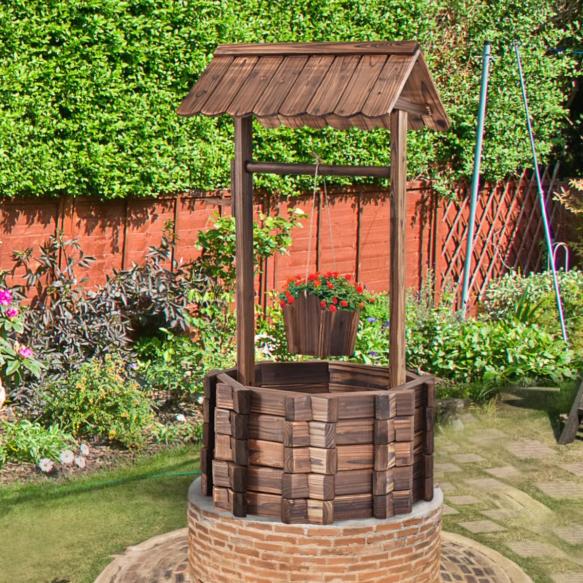 Wunschbrunnen für Draußen Holzbrunnen Eimer Blumenkübel Blumentopf mit Dach