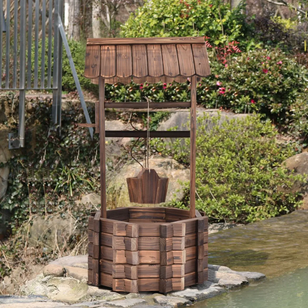Wunschbrunnen für Draußen Holzbrunnen Eimer Blumenkübel Blumentopf mit Dach