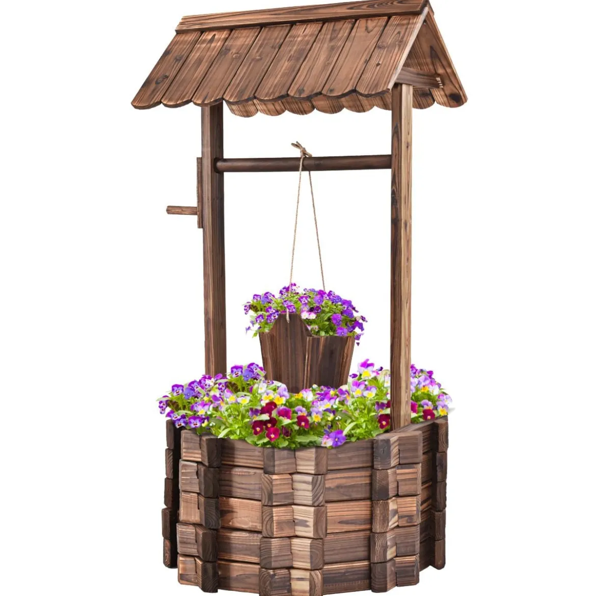 Wunschbrunnen für Draußen Holzbrunnen Eimer Blumenkübel Blumentopf mit Dach