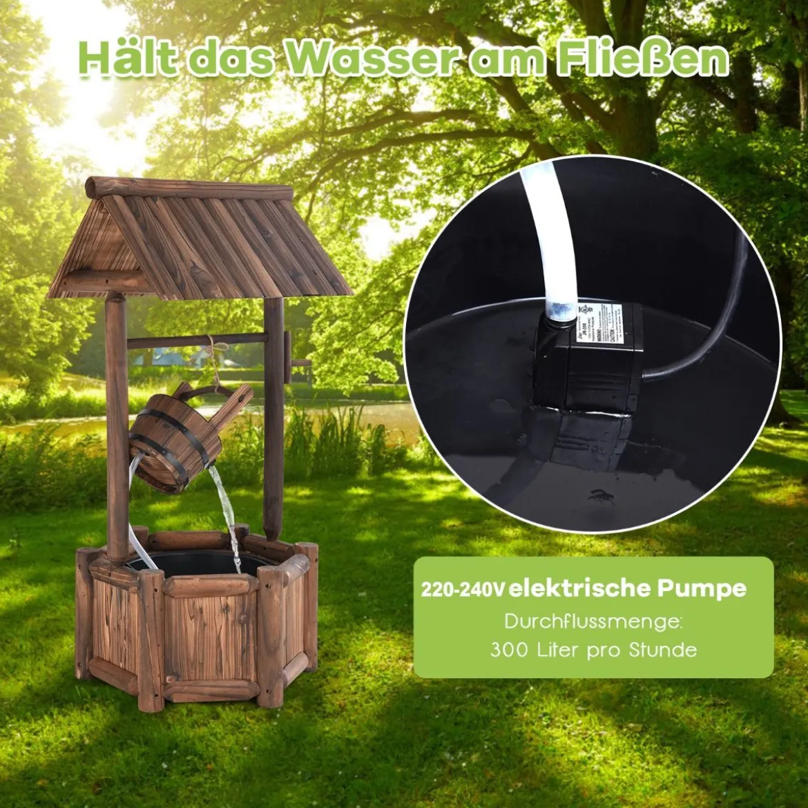 Wunschbrunnen Wasserbrunnen mit Wasserfallfunktion 58,5 x 51 x 117 cm Braun
