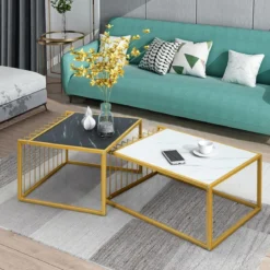 2 x Beistelltisch Set Couchtisch Satztische Marmor Moderner Satztisch Gelb + Schwarz + Weiß