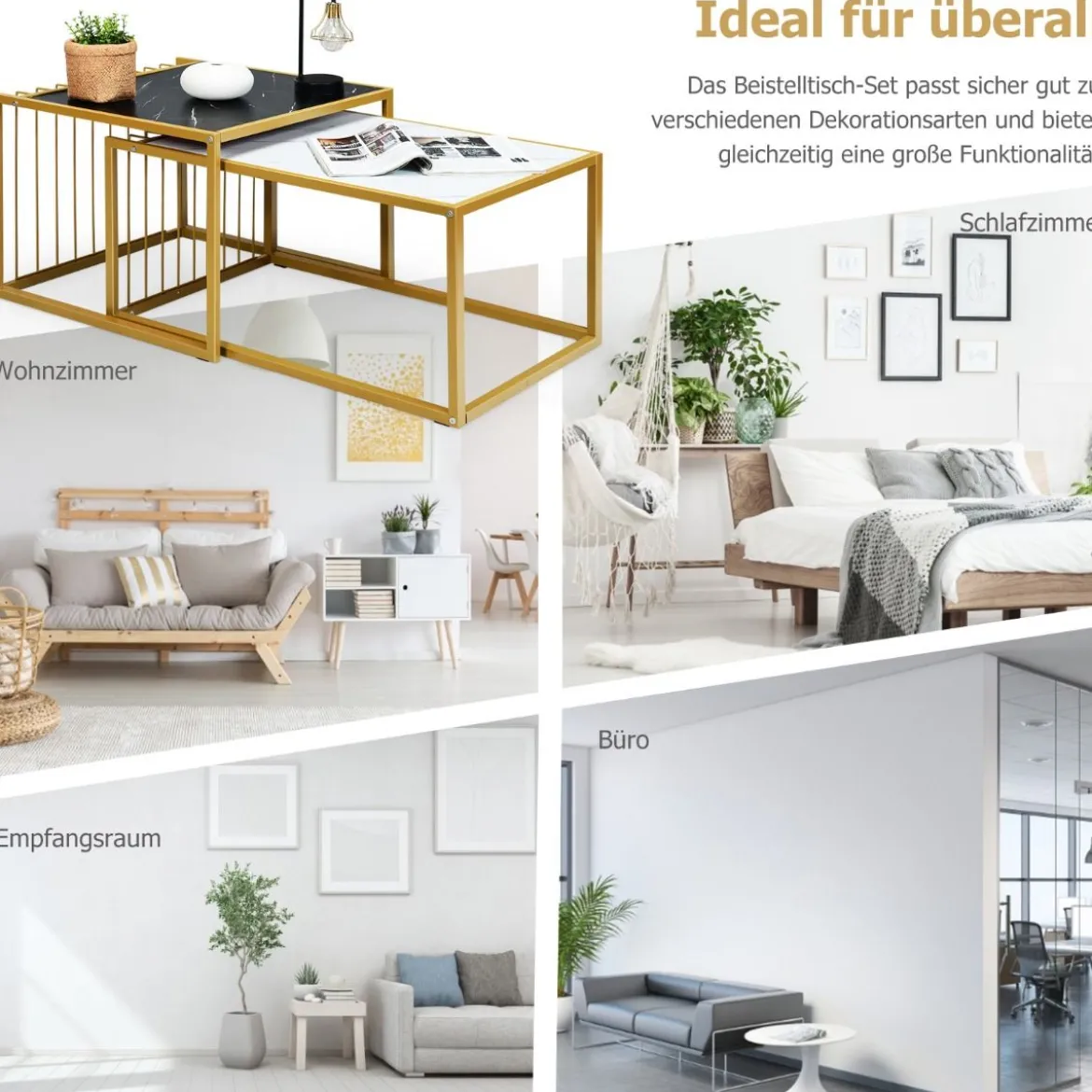 2 x Beistelltisch Set Couchtisch Satztische Marmor Moderner Satztisch Gelb + Schwarz + Weiß