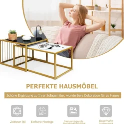 2 x Beistelltisch Set Couchtisch Satztische Marmor Moderner Satztisch Gelb + Schwarz + Weiß